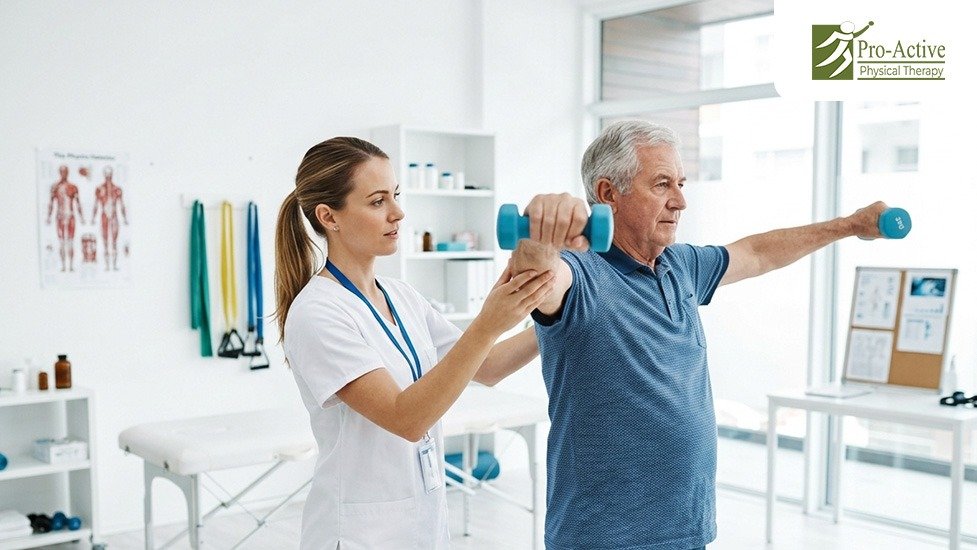 Elderly patient improving stability through physical therapy session