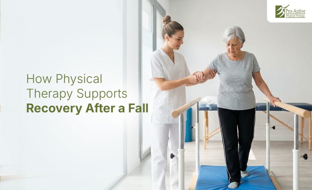 Physical therapist assisting older adult with walking and balance training after a fall in Sunnyvale