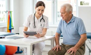 Older adult doing guided physical therapy exercises with a licensed therapist