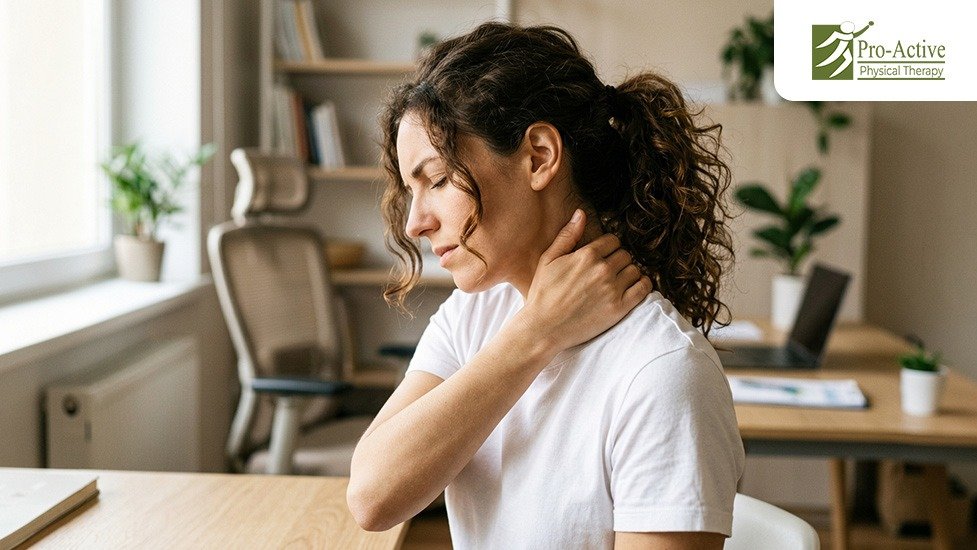 Office worker stretching neck and shoulders to reduce stiffness from prolonged desk work