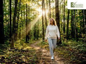 Person walking on uneven ground showing spring balance challenges and dizziness symptoms