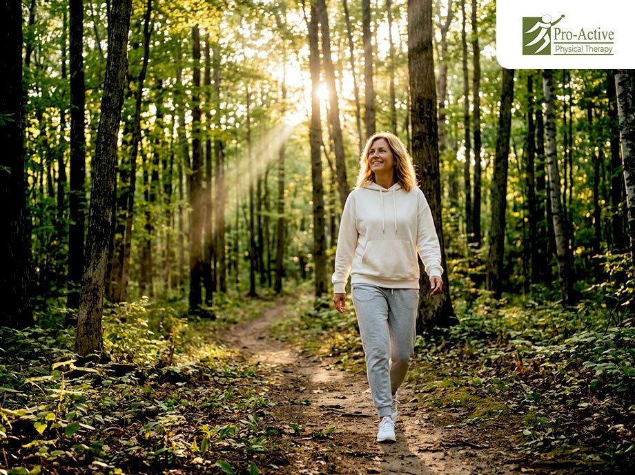 Person walking on uneven ground showing spring balance challenges and dizziness symptoms