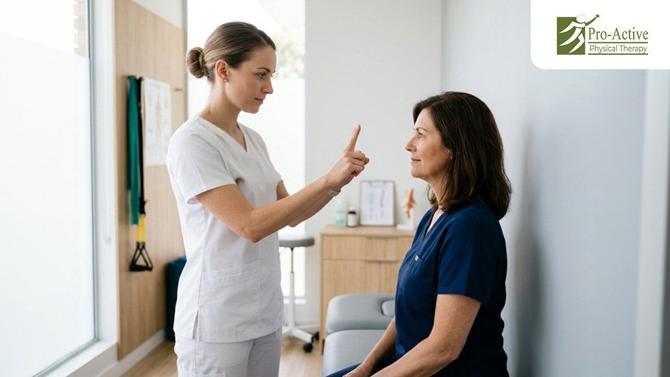 Patient performing vestibular rehabilitation exercises for dizziness and balance problems