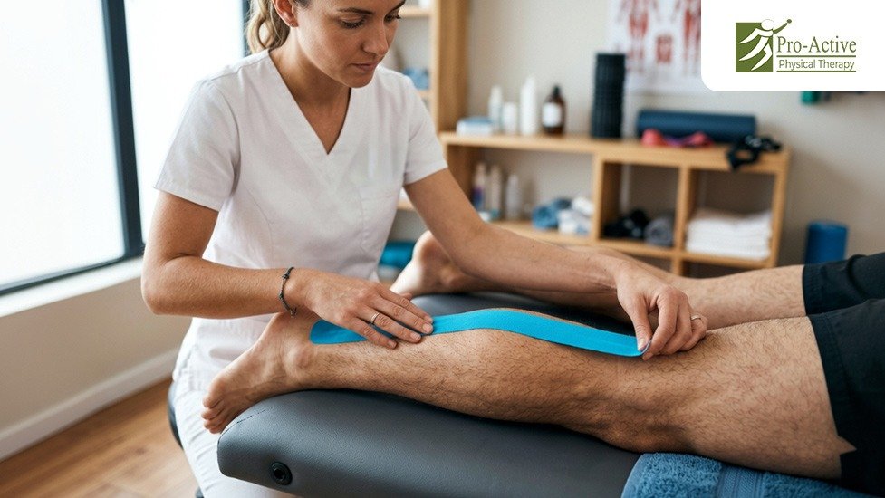 Physical therapist applying Kinesio Tape to a patient's lower leg to support muscles during exercise