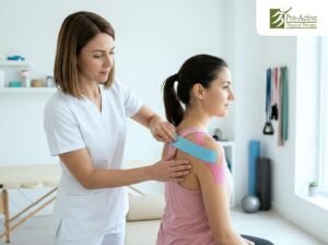 Physical therapist applying medical tape for shoulder pain in Sunnyvale Proactive Physical Therapy