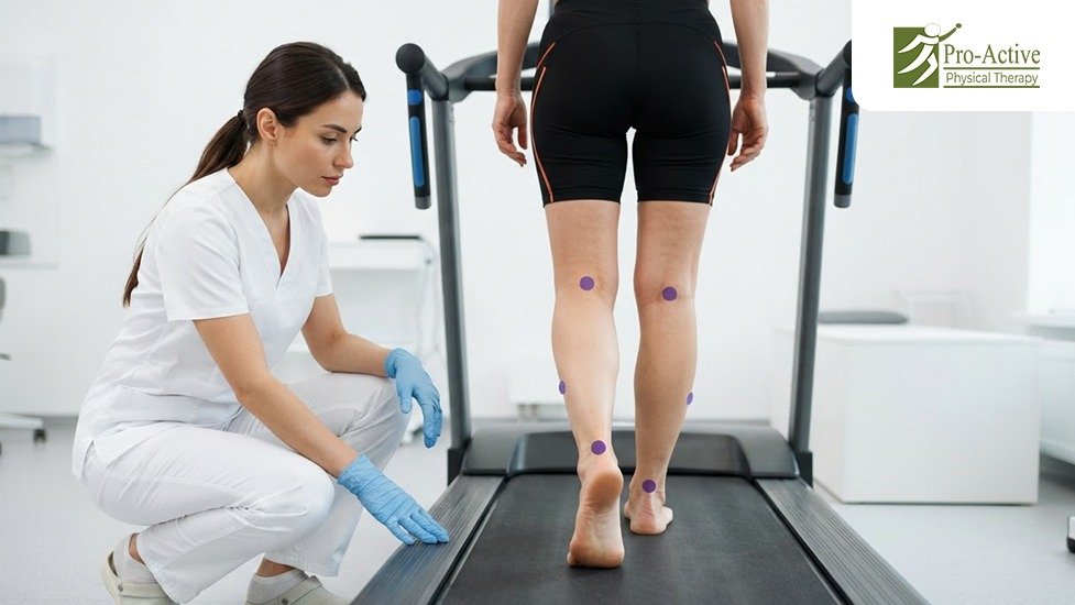 Physical therapist assessing a patients walking pattern to evaluate foot mechanics and orthotic needs
