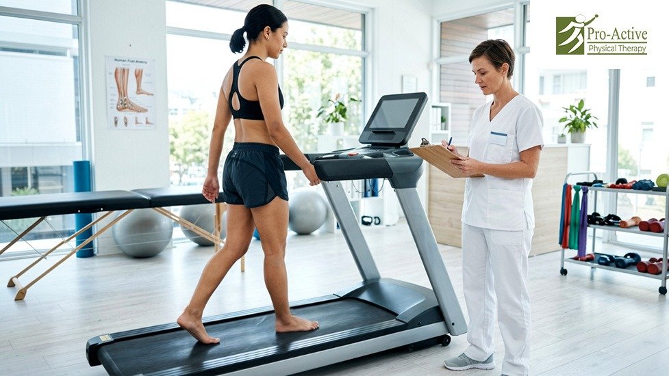 Physical therapist assessing a runner's foot mechanics and gait to identify the cause of running-related foot pain