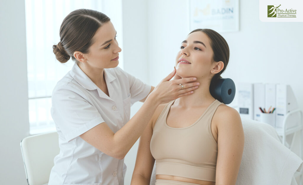 Physical therapist assessing jaw movement for TMJ treatment in Sunnyvale