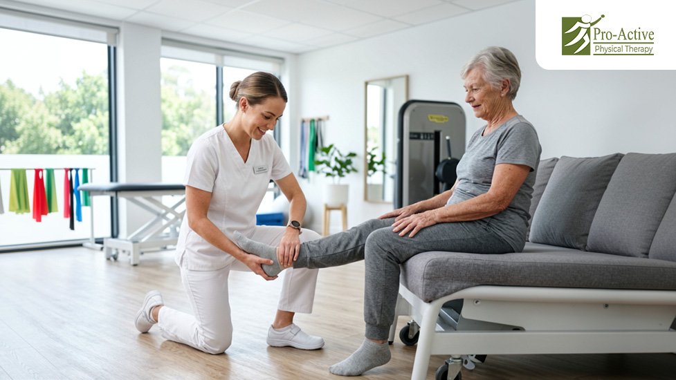 Physical therapist assisting a senior patient with gait and balance exercises during a physical therapy session in Sunnyvale