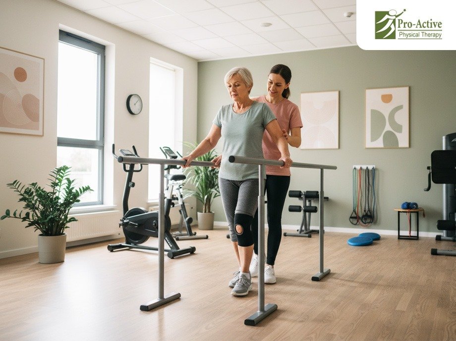 Physical therapist assisting knee replacement patient with walking and balance exercises in Sunnyvale