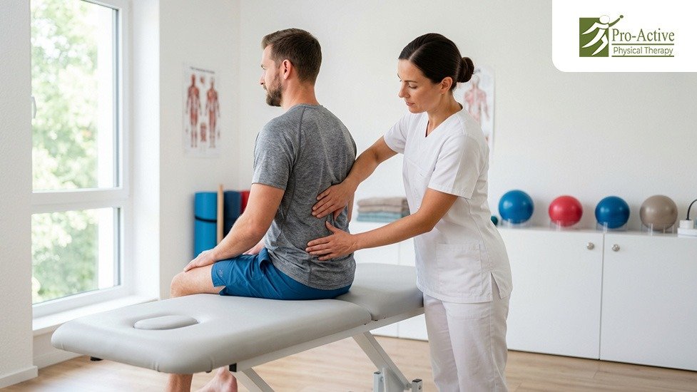 Physical therapist evaluating a patient after a car accident