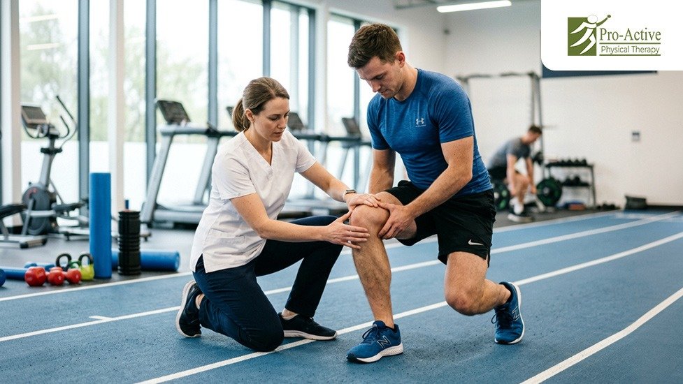 Physical therapist evaluating a runner's lower leg movement and gait during a physical therapy session