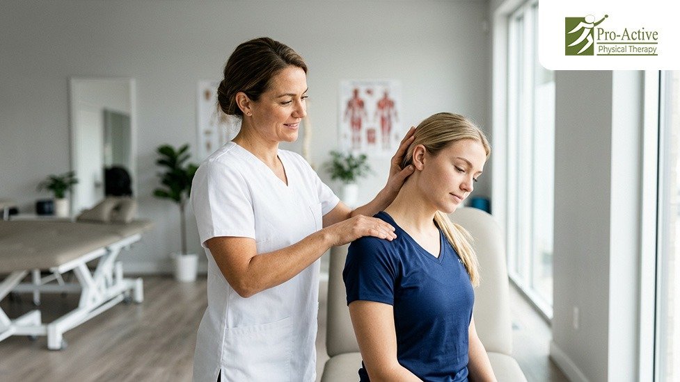 Physical therapist in Sunnyvale assessing neck and shoulder pain for a desk worker