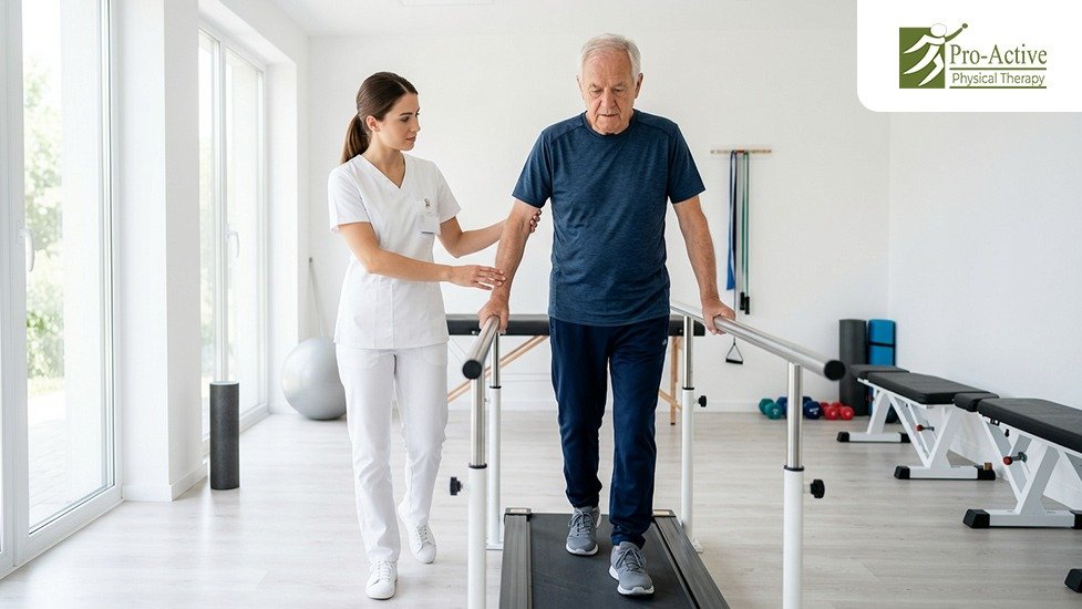 Senior balance therapy exercise with physical therapist