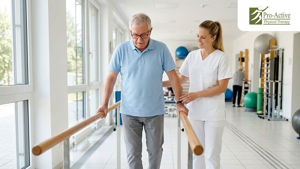 Senior performing balance exercises with physical therapist in Sunnyvale