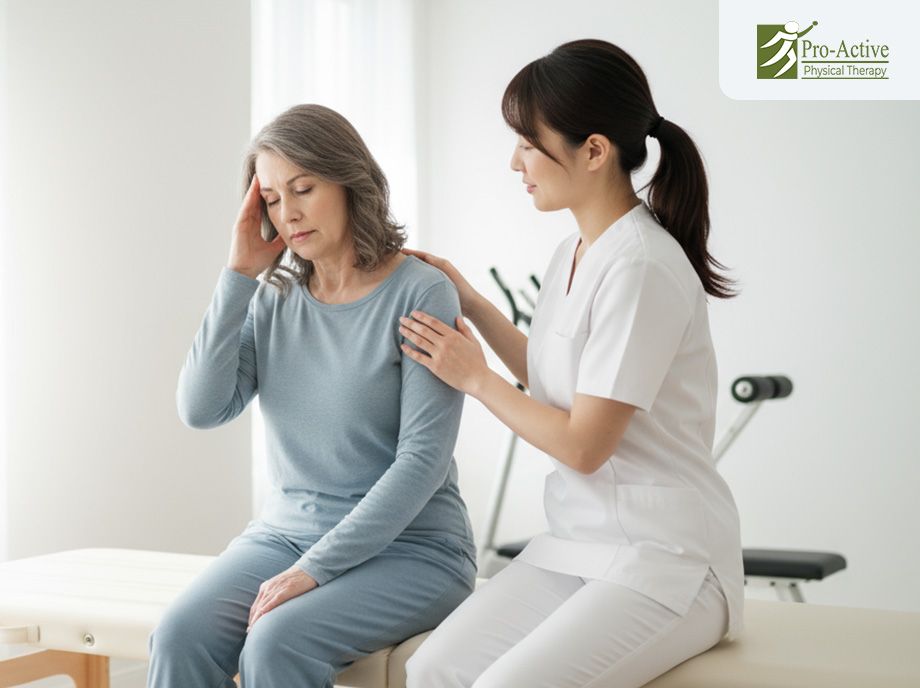 Physical therapist guiding a patient through balance and gait training for vertigo recovery