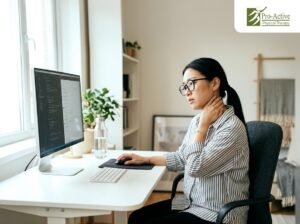 Tech professional experiencing neck and shoulder pain while working at a computer in a Silicon Valley office