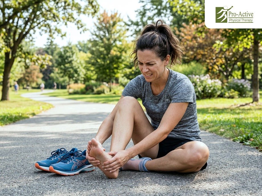 Runner experiencing foot pain after a run while stretching outdoors and seeking physical therapy treatment in Sunnyvale