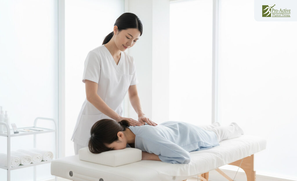 Physical therapist assisting a patient with whiplash recovery exercises at Proactive Physical Therapy Sunnyvale